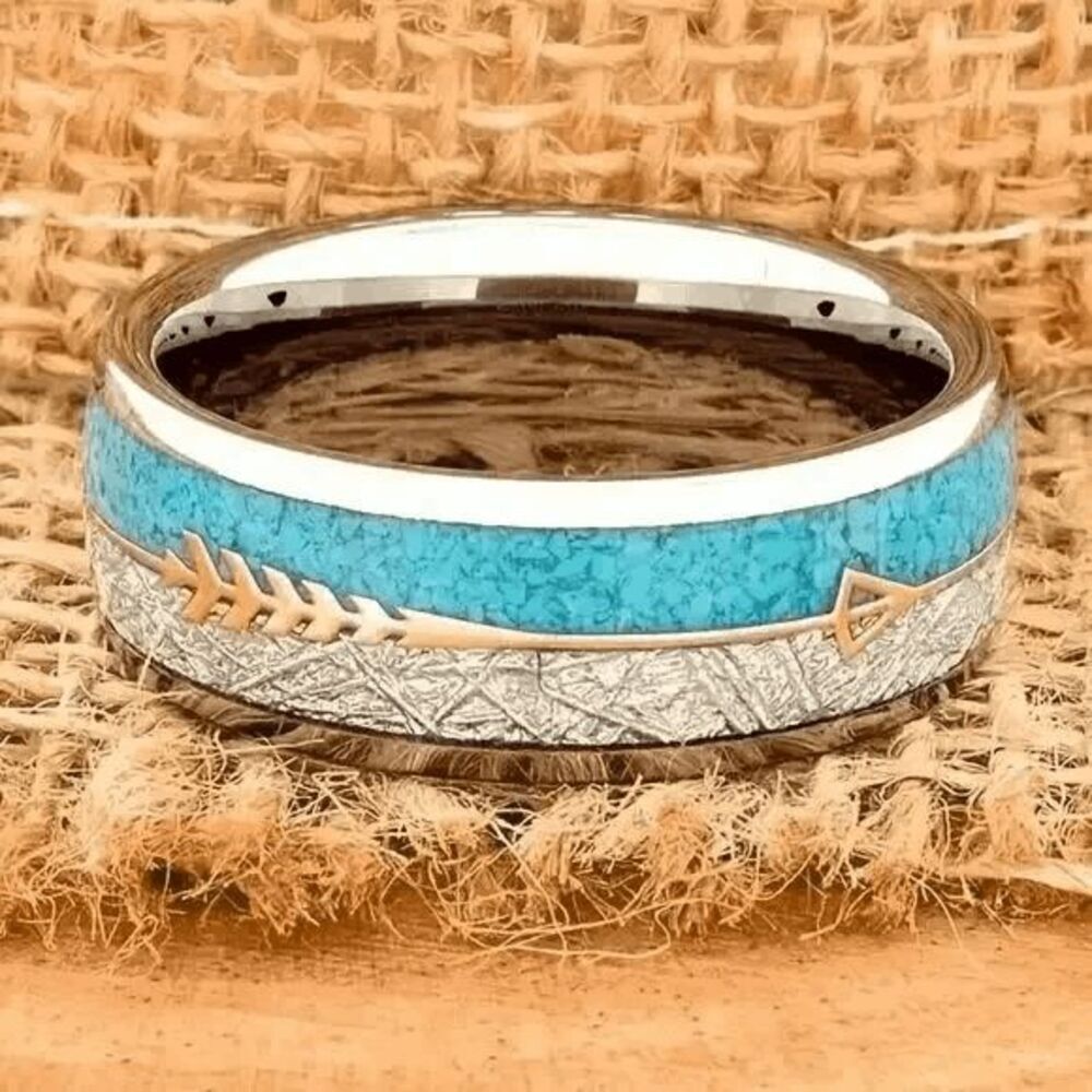 Western Arrow Turquoise Inlay Stainless Steel Wedding Mens Ring